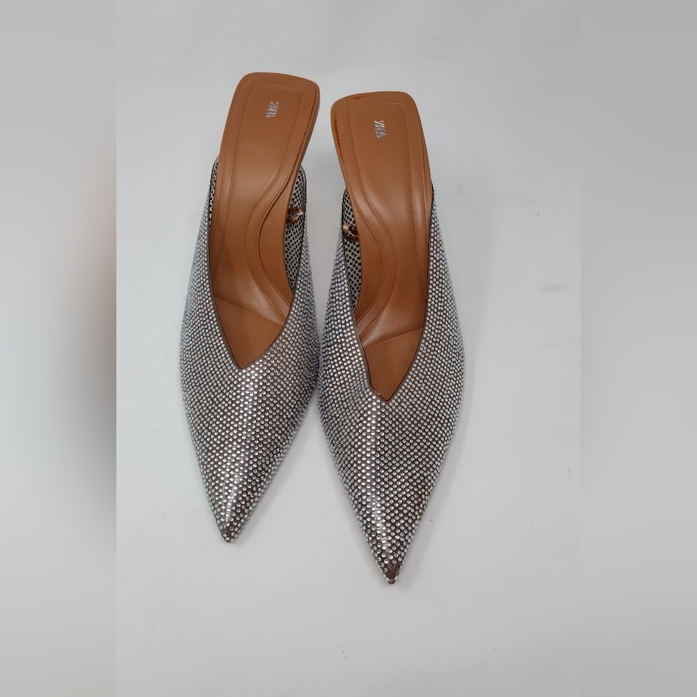 Zara Silver Rhinestone Crystal Studded Heels 9M - Picture 5 of 8